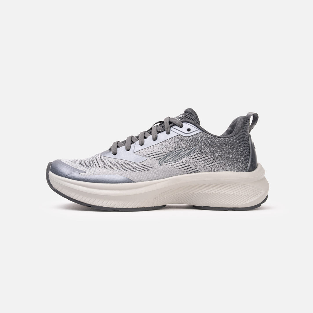 Shoe with mesh upper and metallic hot melt overlays, mesh lining, rubber heel counter, Speedsole insole system, and EVA midsole with rubber outsole. Transparent ETPU and EVA foam provide high-rebound cushioning, energy return, lightweight comfort, stability, and impact protection.
